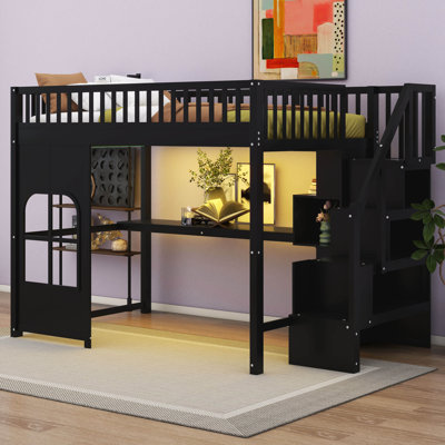 Lit mezzanine avec bureau, escalier de rangement et tablettes, lit mezzanine en bois avec lumières DEL, ports USB et station de charge