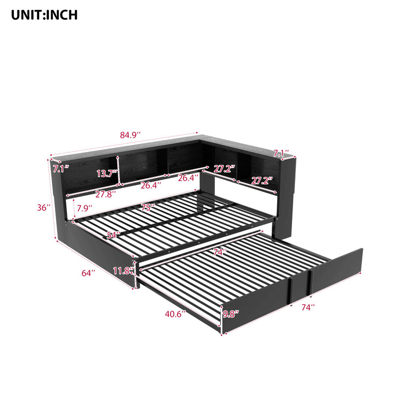 Lit de jour en métal avec lit gigogne, armoires de rangement et ports USB, Noir