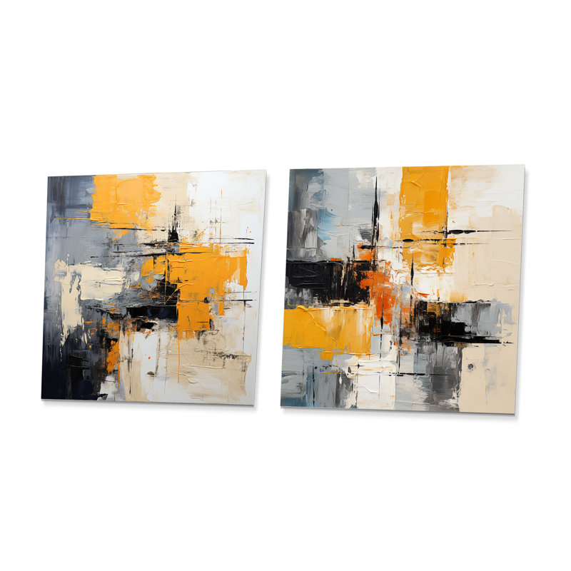 «Gray and Yellow Paint Elegance I - Abstract Collages», ensemble de 2 reproductions d'art en métal sur carrés