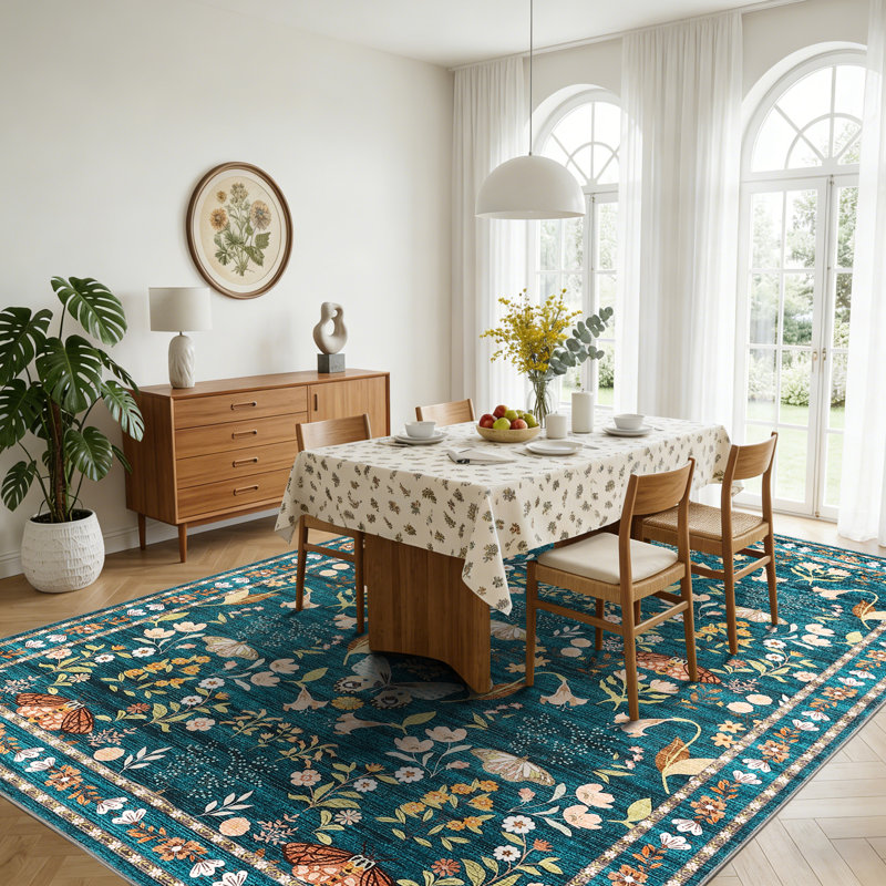 5x7 Washable Area Rug, Non-Slip Low Pile Rug with Butterfly Floral, Stain Resistance Carpet for Living Room, Bedroom, Dining Room, Dark Green