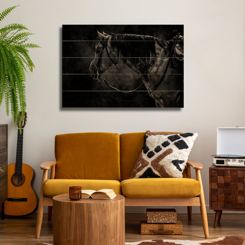 Reproduction d'art mural en bois - Cheval en animal noir et blanc par Adrian Vieriu, H 18 po x l 26 po