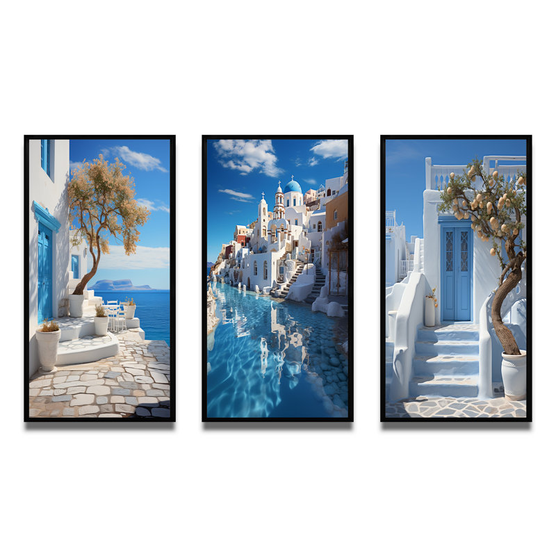 «Grèce Cycladic Harmony», 3 pièces, Cadre noir, H 20 po x l 36 po