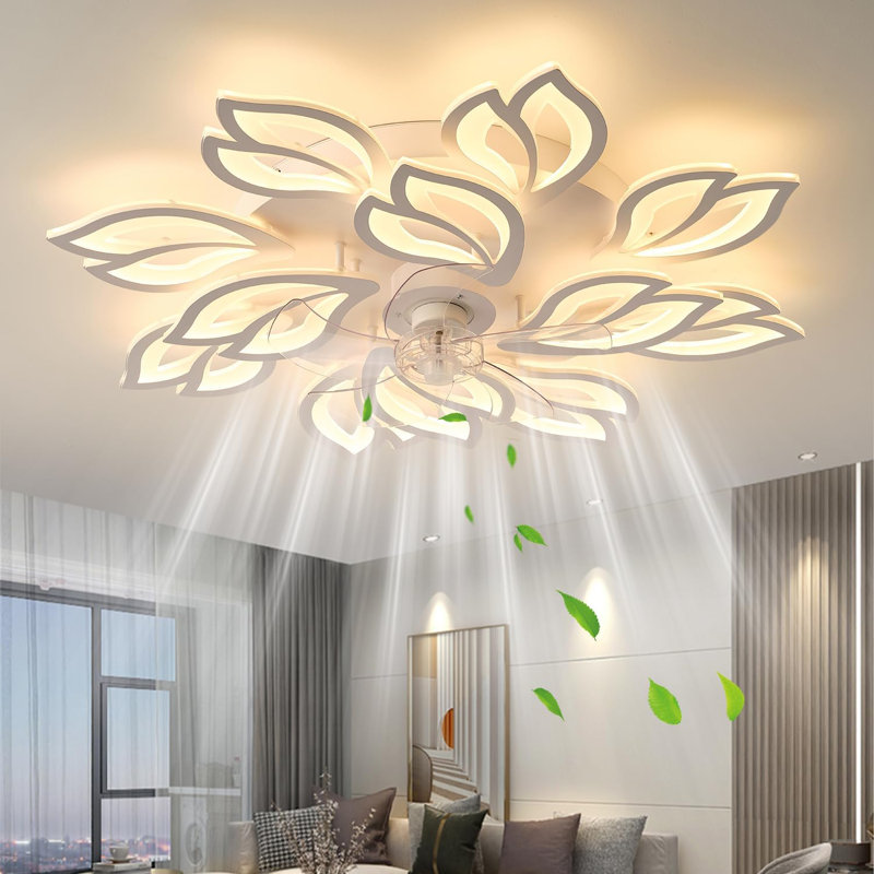 35''Ceiling Fans With Lights, Modern Ceiling Fan With Lights And Remote, Dimmable Bladeless Ceiling Fans Light, Low Profile Ceiling Fan 6 Speed Reversible Blades Timing 130W For Kids Bedroom White