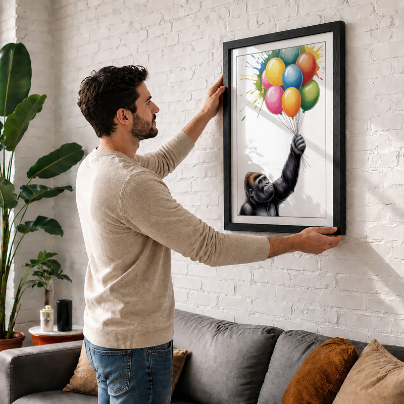 Chimpanzee and Balloons Modern - Framed Print, Walnut, A3 - 42.0 x 29.7 cm