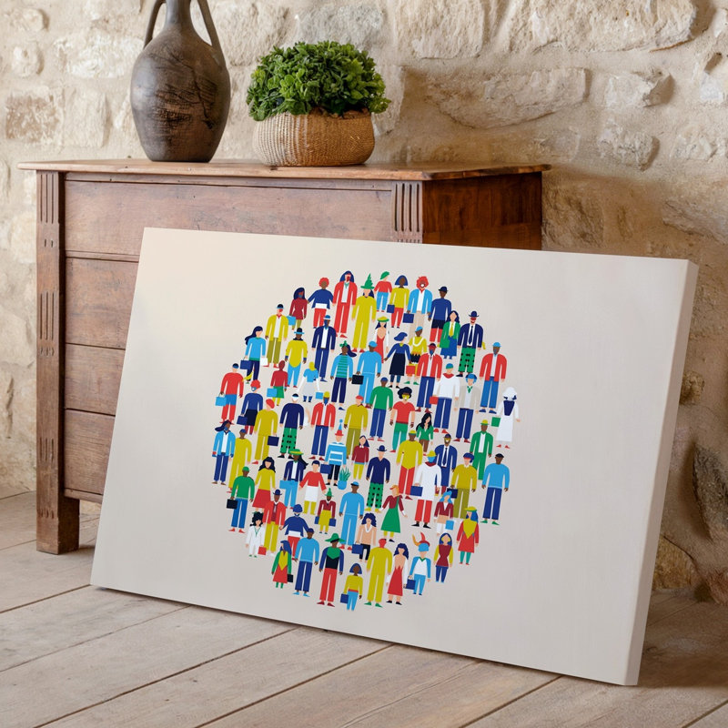 Toile, création d'une illustration abstraite vibrante représentant une foule diversifiée d'art mural, personnages stylisés disposés en formation circulaire, art mural