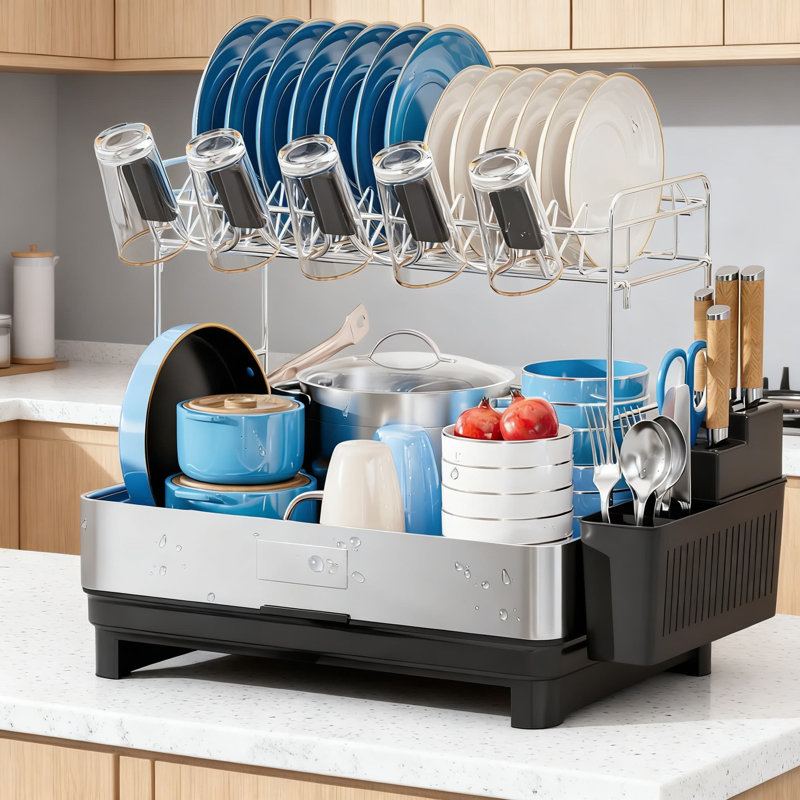 2-Tier Stainless Steel Dish Drying Rack With Automatic Drainage, Utensil And Cup Holder, Large Capacity Space Saving Kitchen Counter Dish Drainer