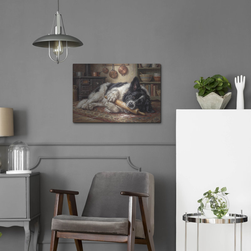  «Terre-Neuve dans la cuisine» par Rich Monet, art mural en métal, 24 po x 16 po, H 16 po x l 24 po