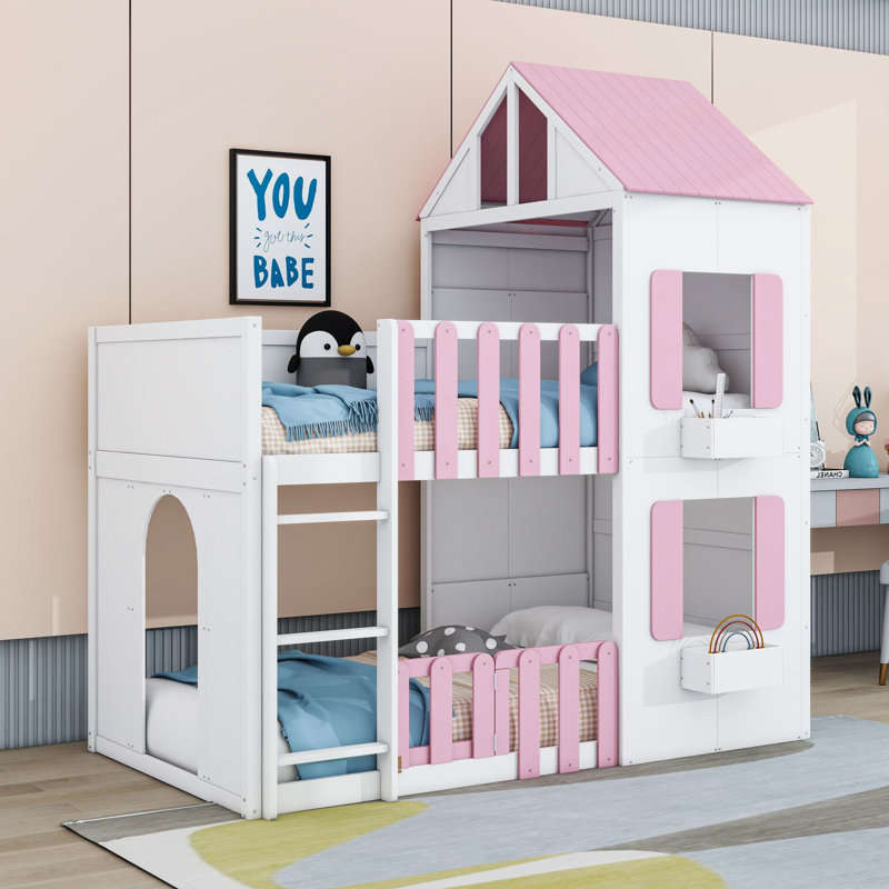 Lit superposé en bois en forme de maison avec barrières de sécurité et échelle, Lit superposé simple sur simple, Rose