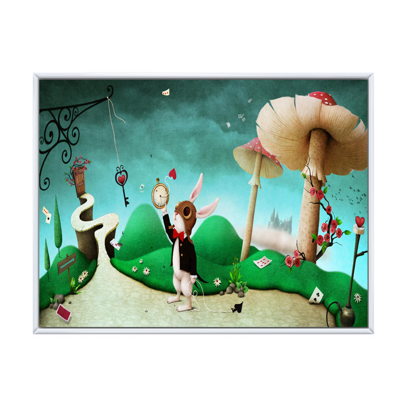Lapin blanc Alice au pays des merveilles II - reproduction sur toile, H 34 po x l 44 po, Cadre flottant blanc