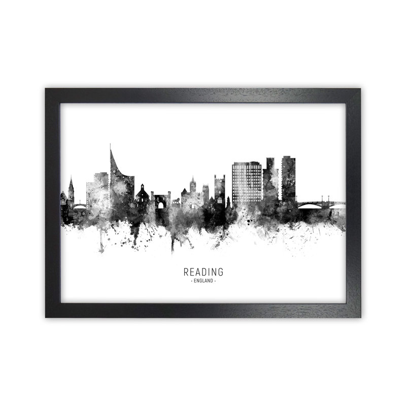Reading England Skyline Black White City Name by Michael Tompsett - Print, Black Framed, 64cm H x 88cm W x 3cm D