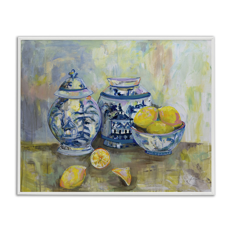 «Lemons & Pottery», peinture classique encadrée par Jeanette Vertentes, H 24 po x l 30 po, Giclée encadrée blanc bord de mer