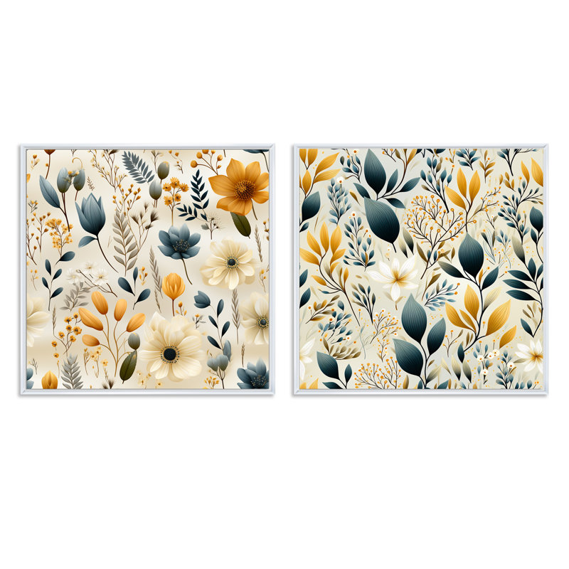 Teignmouth - Ensemble de 2 collages carrés floral et botanique, Cadre flottant blanc, H 30 po x l 61 po