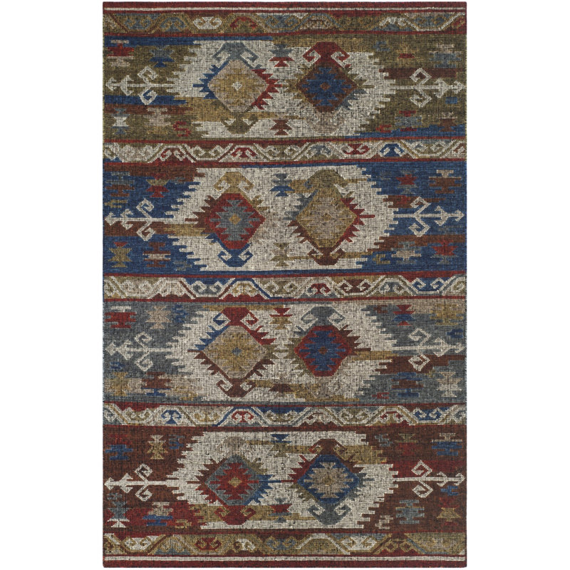 Elan Hand Woven Flat Weave Wool/Cotton Ikat Rug in Blue, Rectangle 5' x 8'