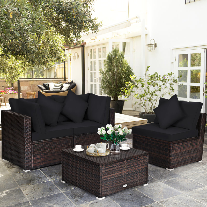 Sarn Ensemble de meubles de patio en rotin avec canapé et repose-pieds 4 pièces, Black