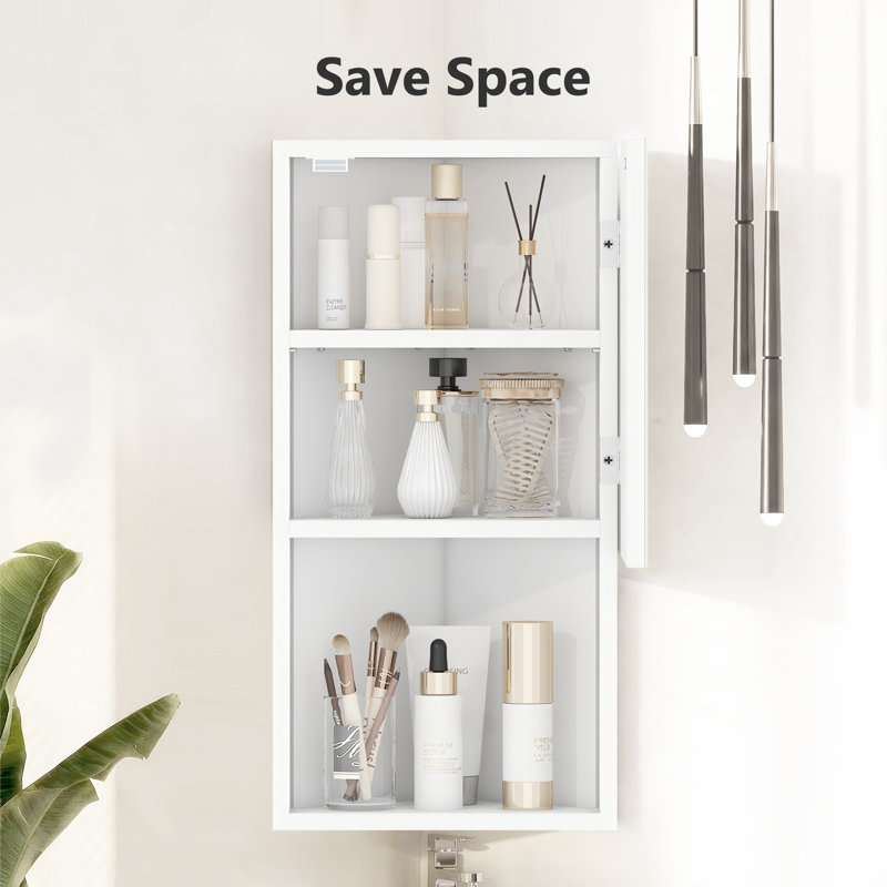 Corner Bathroom Mirror Cabinet,Wall Mounted Corner Cabinet with 3 Shelves,Single Door Bathroom Cabinets with Mirror,White Storage Unit for Shower Room Bedroom Living Room, 30*24*60CM,White