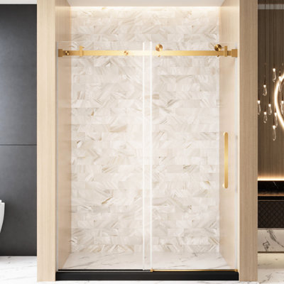 Porte de douche coulissante simple avec verre trempé transparent de 1/4 po de 6 mm, film résistant, poignée en acier inoxydable et rail tubulaire carré, or brossé, style américain pour la salle de bain, grandes roues lisses et silencieuses