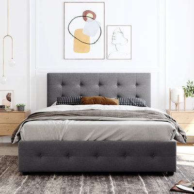 Dark Gray Upholstered Platform Bed With 4 Big Drawers. Queen. No Box Spring Required. Foam-Filled Headboard. Wood Frame. Bedroom Organization Queen Storage Drawers And Cozy Headboard, Spring, Linen