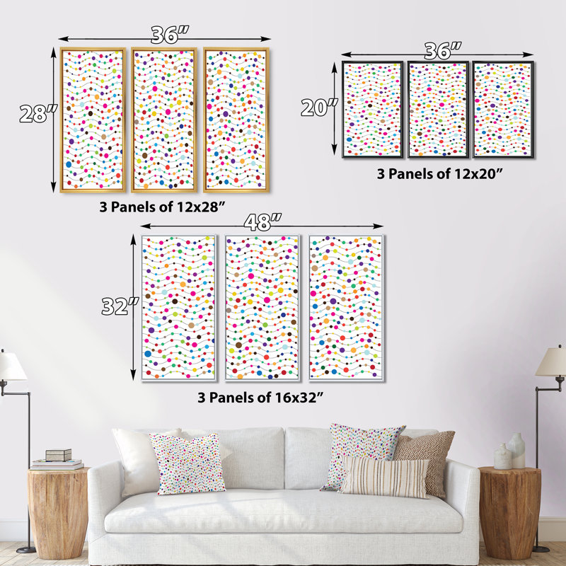 «Color Waves of Polka Dots», reproduction de cadre photo sur toile 3 pièces, H 28 po x l 36 po, Blanc