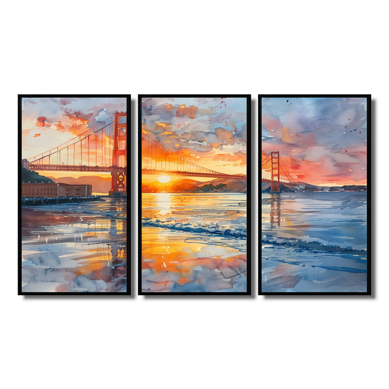 Ensemble de décoration murale jaune et rouge Golden Gate, H 28 po x l 36 po, Cadre flottant noir