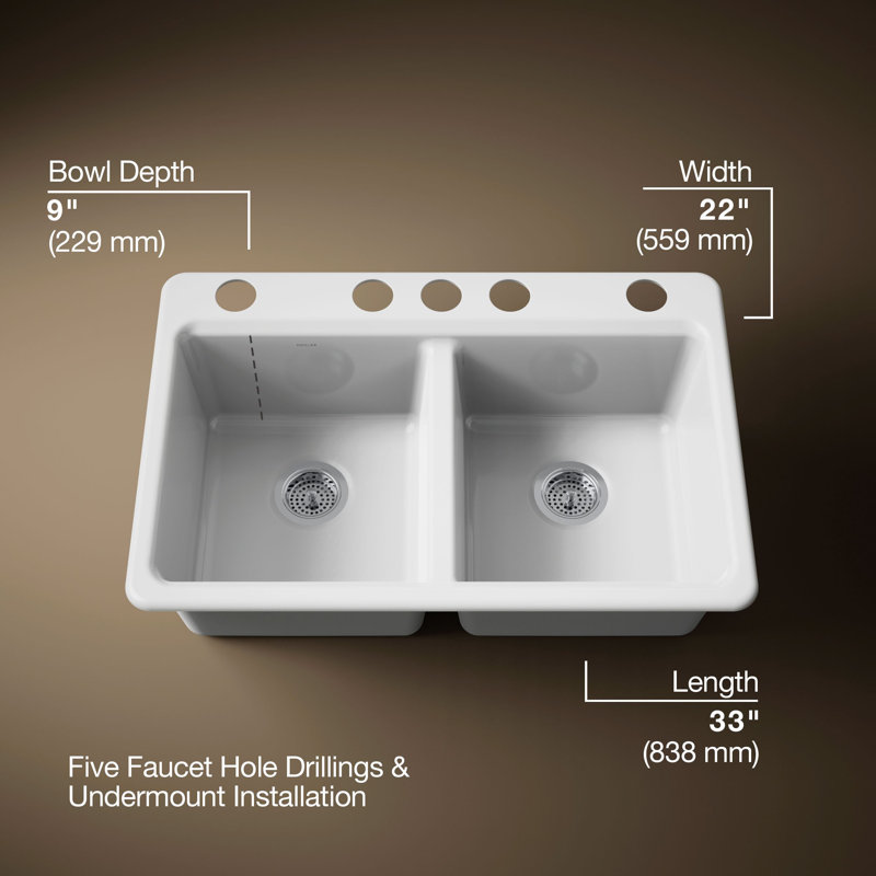 Riverby 33" Enameled Cast Iron Undermount Double Basin Kitchen Sink, White