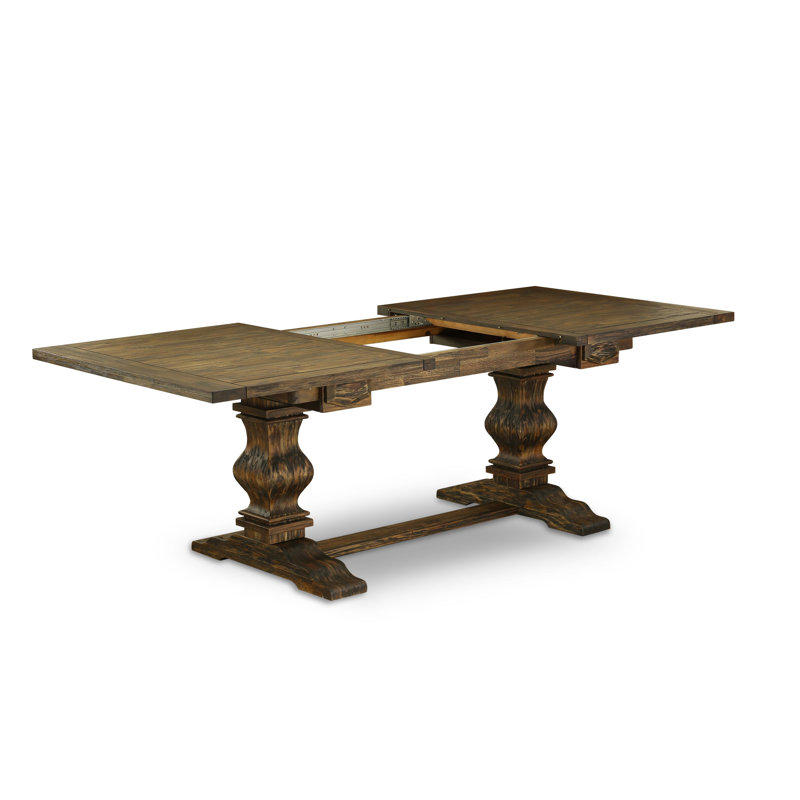 9 Piece Dining Set Includes a Rectangle Dining Room Table with Removable Leaf and 8 Grey Linen Fabric Upholstered Chairs, Jacobean