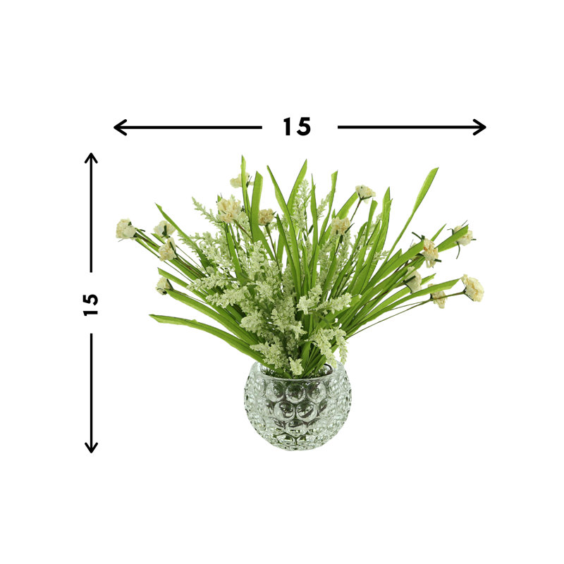 Heather And Carnation Floral Arrangement In A Round Glass, White