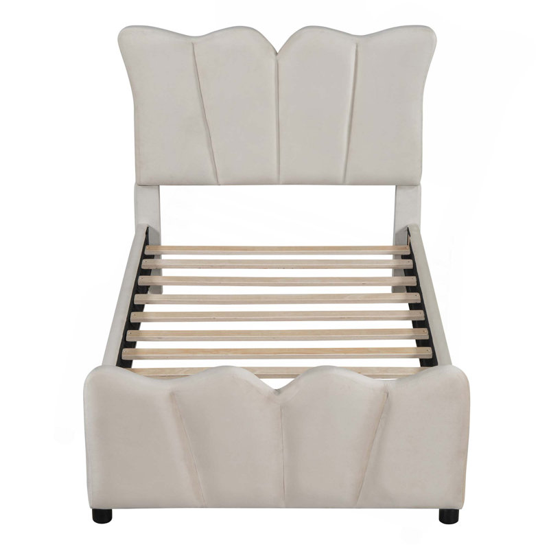 Lit plateforme tapissier en velours, Beige, Simple