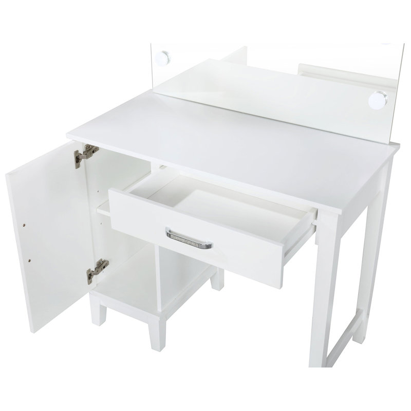 Vanity In White And Dark Grey With Lighting, Stool, Drawer Concealed Side Cabinet, 36 Inches Wide, 19 Deep, 51.65 Tall