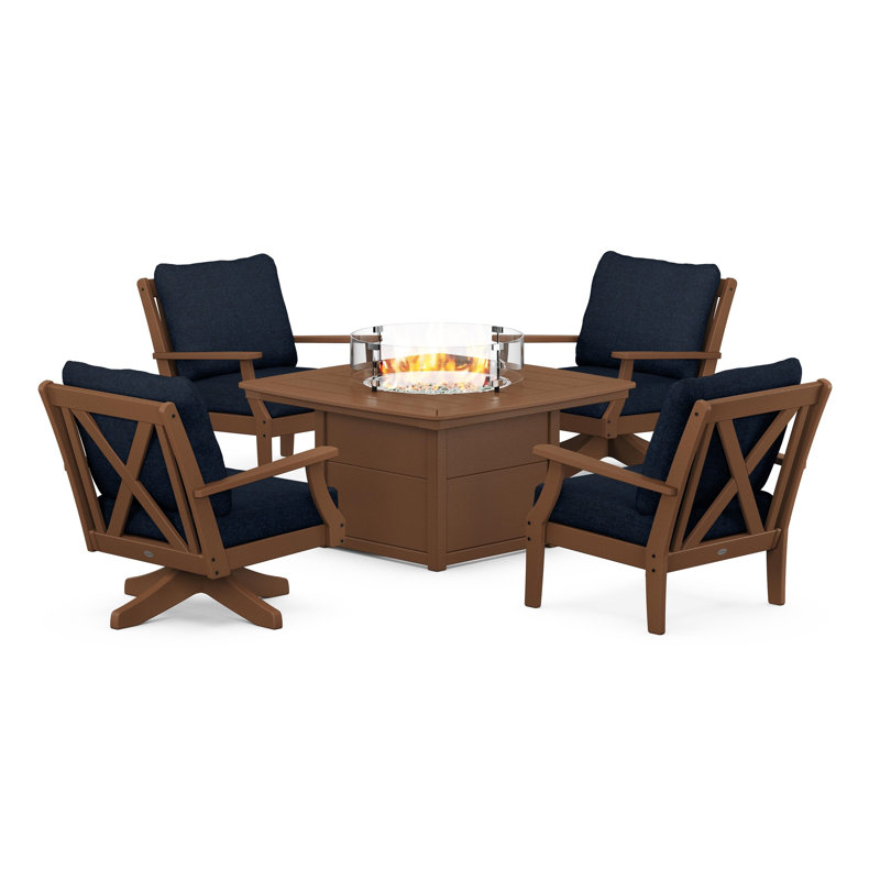 Braxton 5-Piece Deep Seating Set with Fire Table, Teak, Marine Indigo