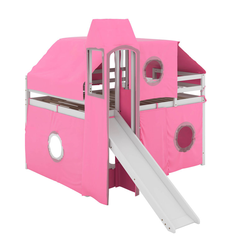 Lit mezzanine double avec tente et tour, Rose