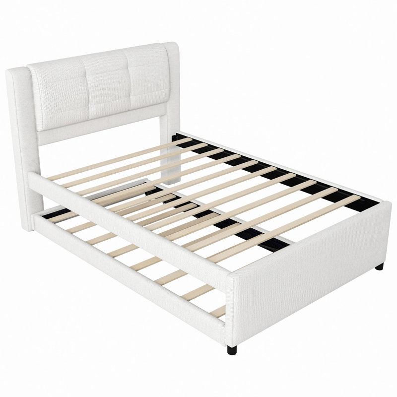 Upholstery Platform Bed With Trundle,Trundle Can Be Flat Or Erected, White, Full