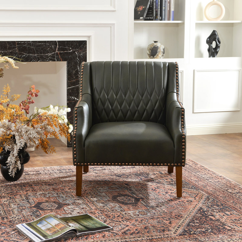30.5'' W Top-grain Genuine Leather Upholstered Armchair, Dark Green