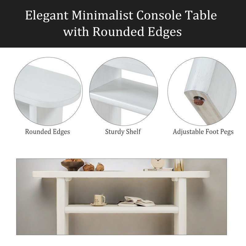 Elegant Minimalist Console Table With Rounded Edges And Sturdy Shelf Design For Entryway, Living Room, Antique White