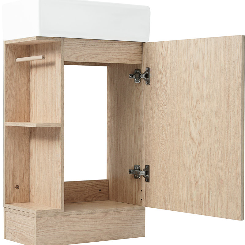 Meuble-lavabo de 18,6 po avec lavabo, armoire, porte-papier hygiénique, tablette, finition naturelle, orientation gauche ou droite et emplacement du lavabo en matériaux céramiques