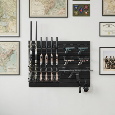 Support pour armes à feu, fixation murale, support de fusil de chasse carabine à fusil en acier robuste, peut contenir jusqu'à 6 carabines et 6 pistolets, organisateur d'accessoires muraux pour armes à feu modulaires