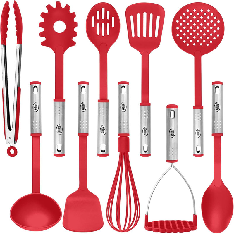 Kaluns Kitchen Utensils Set of 10 – Nylon & Stainless Steel Cooking Tools, Heat Resistant Non-Stick Safe Spatula, Ladle & Spoon Cookware Accessories