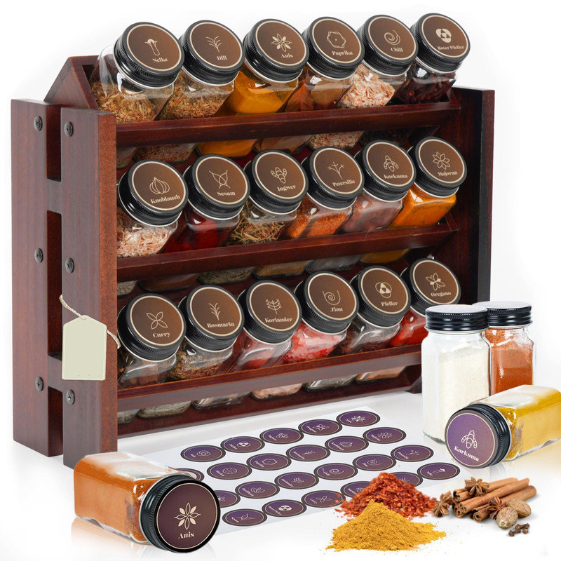 Freestanding Wood Spice Jar & Rack Set