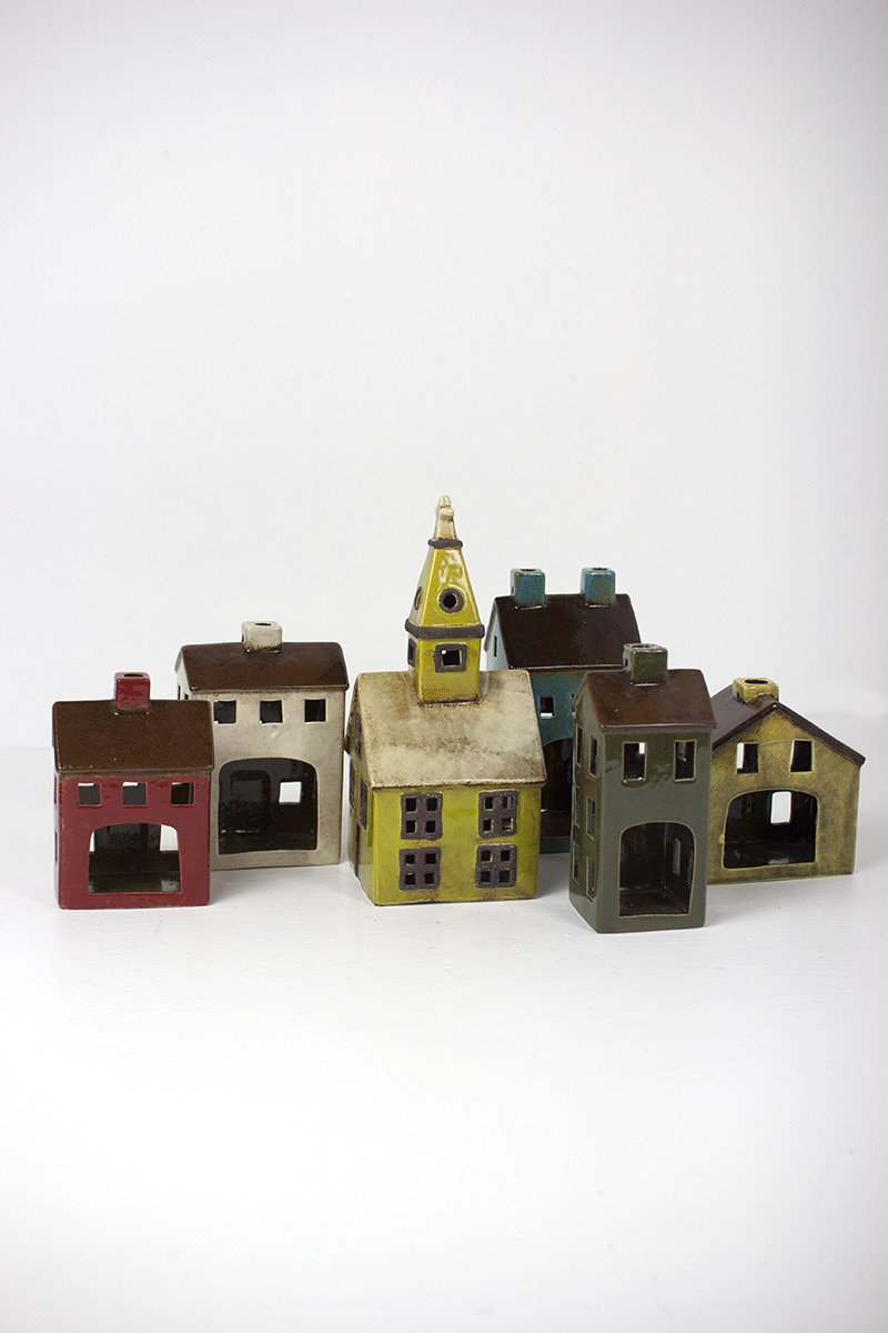  Ceramic Village Houses, 12" Tall, Hand-Painted Glazed Finish, Multicolor Decorative Holiday Set of 6