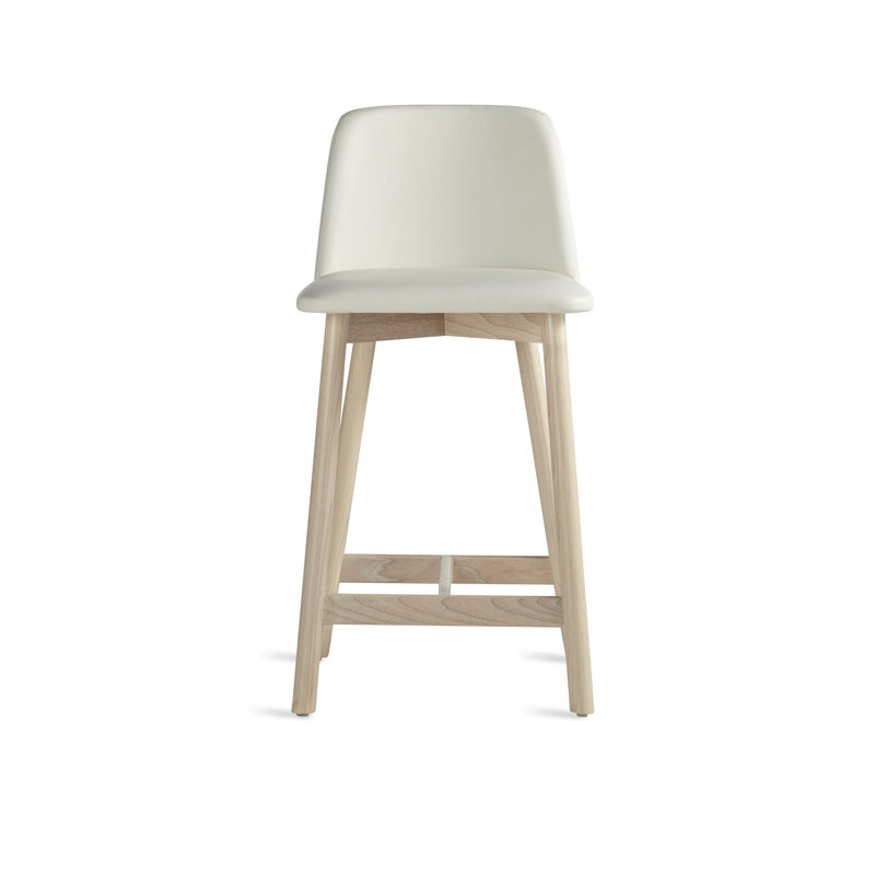 Tabouret Chip, Frêne blanc délavé, Cuir véritable blanc, Tabouret de comptoir (siège d'une hauteur de 25,1