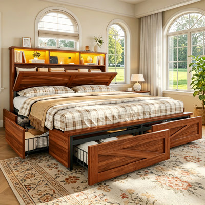 Wood Full Bed Frame with 6 Drawers and Spacious Storage Headboard Farmhouse LED Metal Platform Bed with Charging Station No Boxing Need