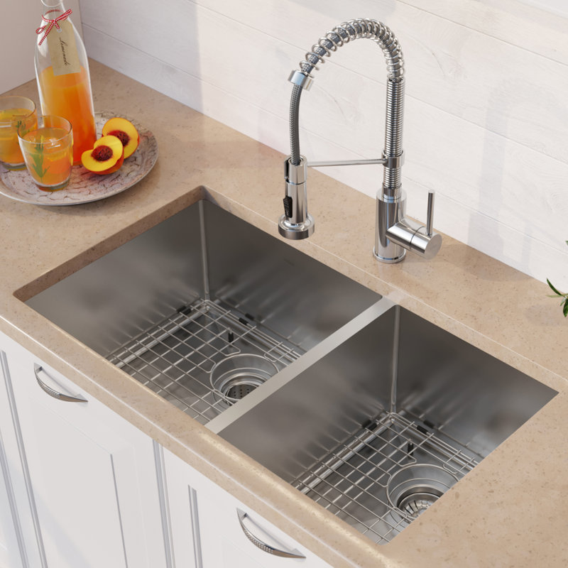 Standart PRO™ 33" L x 19" W Double Basin Undermount Kitchen Sink with Faucet, Chrome