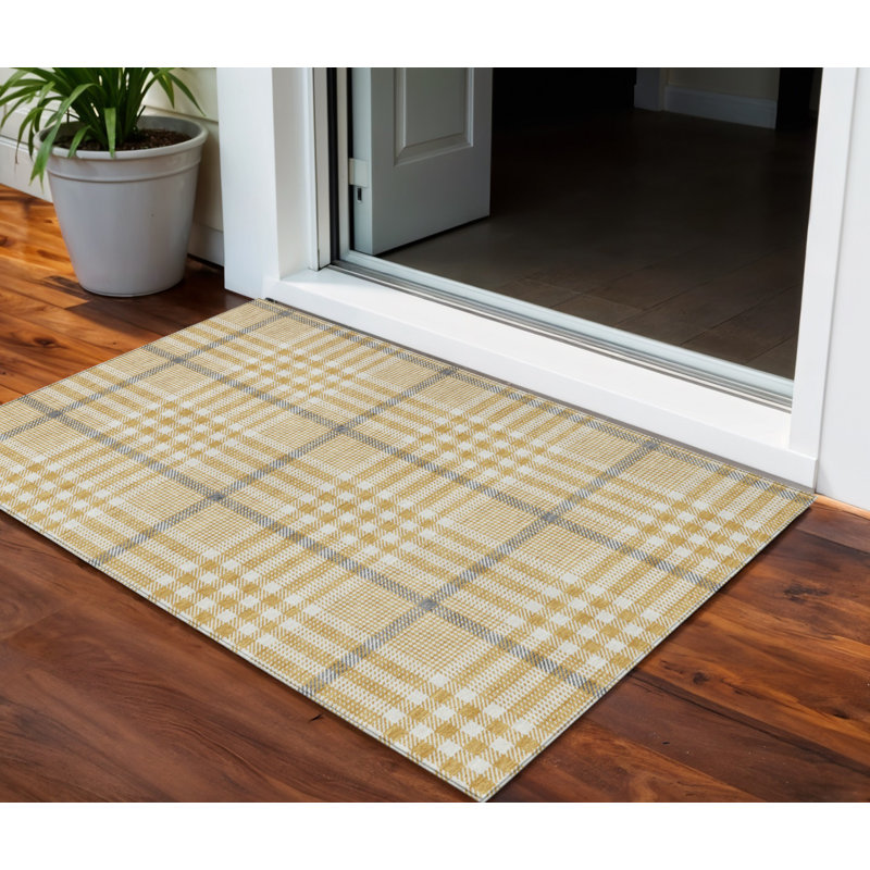3' X 5' Beige Plaid Washable Indoor Outdoor Area Rug