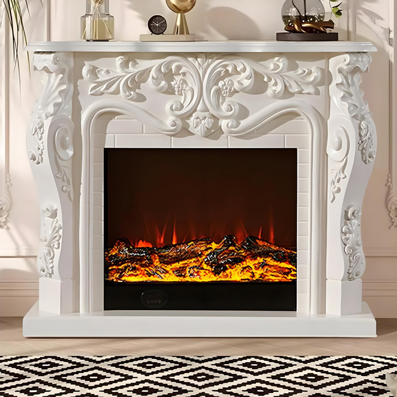 47.64"Modern Solid Wood White Carved Decorative Fireplace Mantel, White