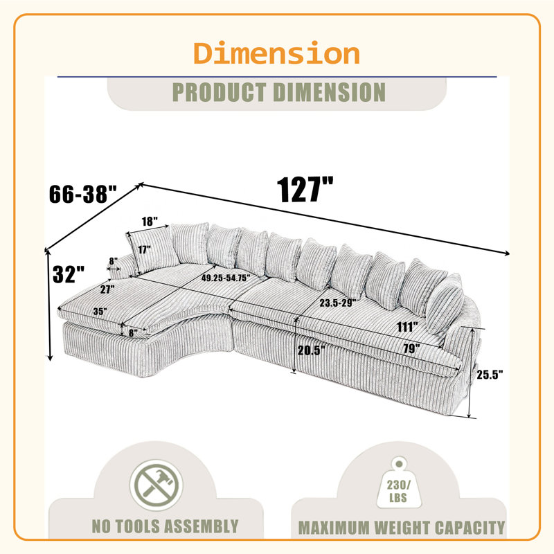 127'' Large Sectional Sofa ,Elegant Curved Design ,High-Resilience Foam ,Ten Back Cushions,L-Shape Left Sofa,No Assembly Required