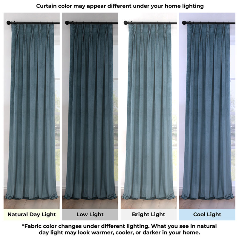 French Pleat Heritage Plush Velvet Room Darkening Single Curtain Panel, London Blue, 25" W x 96" L