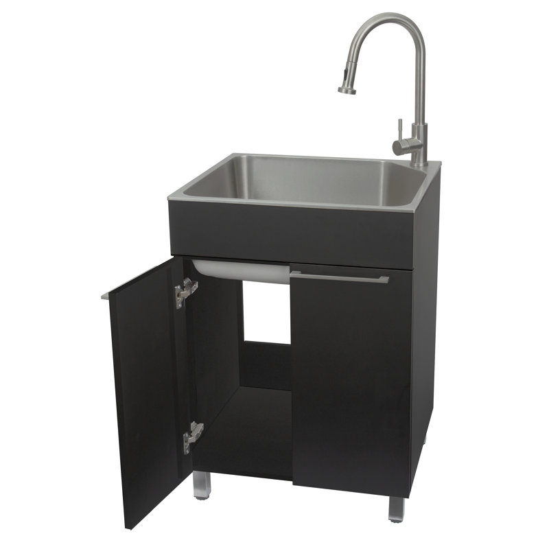 All-In-One 24.1" L x 21.3" W Free Standing Laundry Sink with Faucet, Black