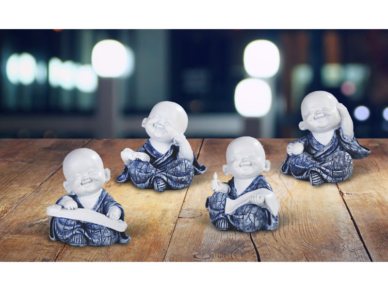 Ensemble de 4 figurines de décoration de statue de moine miniature bleue et blanche 4 pièces