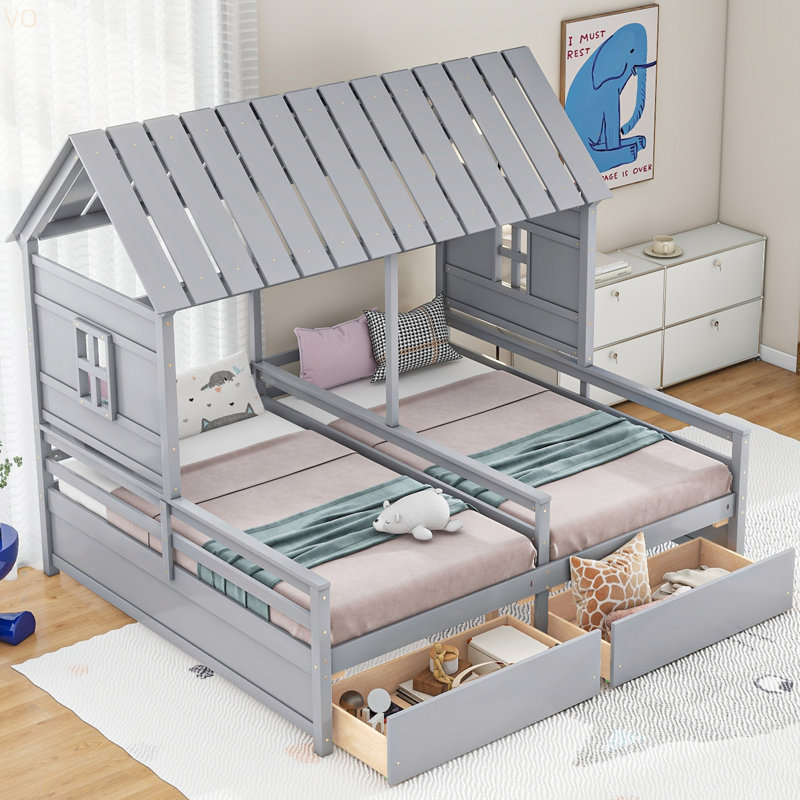 Lit plateforme simple avec deux tiroirs pour lits partagés garçon et fille, combinaison de 2 lits simples côte à côte, Gris