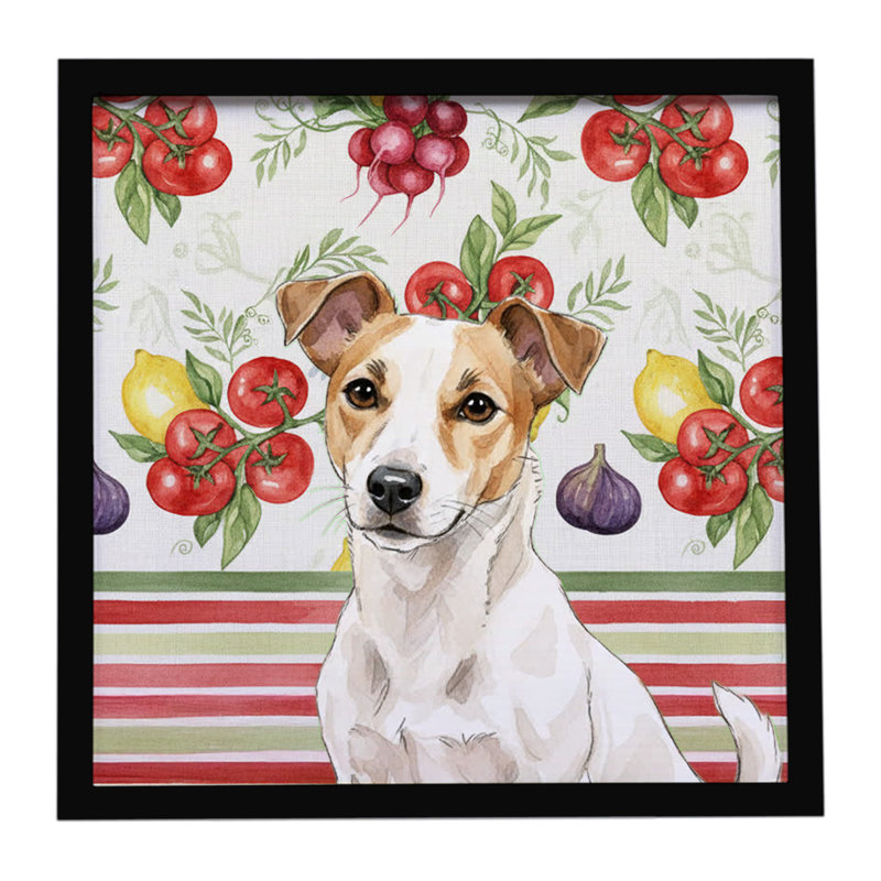 Blanc et brun clair Jack Russell Terrier, impression sur métal encadrée de légumes