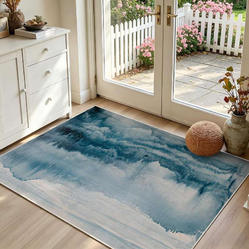 Blue Watercolor Abstract Painting Oil Canvas Ocean Ink Art Machine Washable Indoor Area Rug, Rectangle 39" x 63"